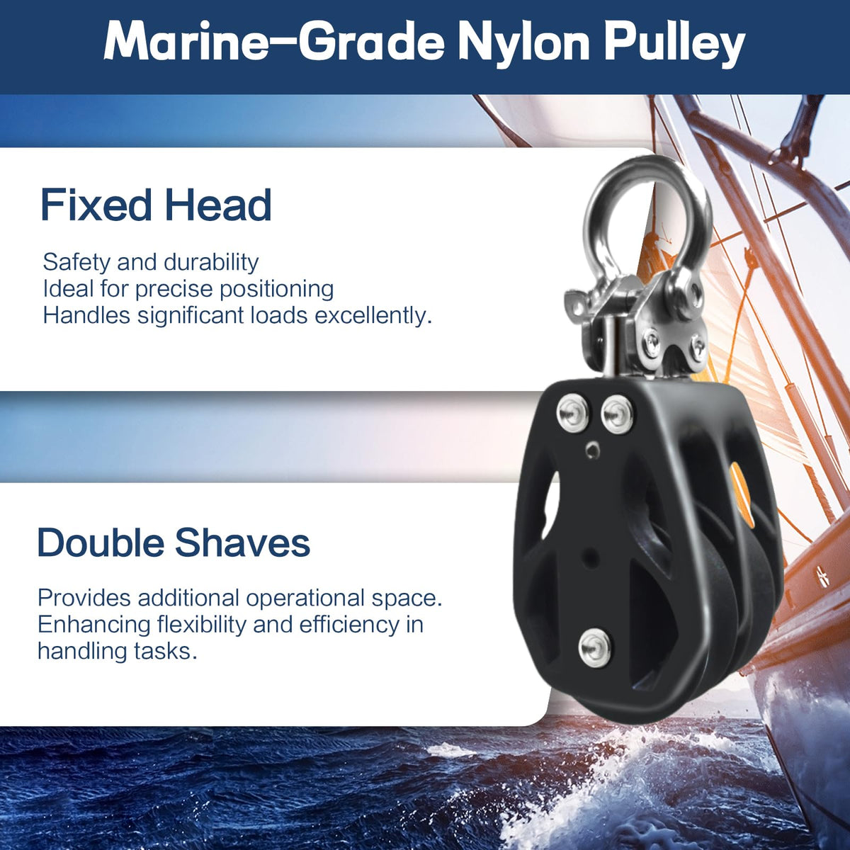 RiaYer 50mm Double Sheave Fixed Head Sailing Block, Marine Grade Pulley with T316 Stainless Steel Construction, 3100 lbs Breaking Load, Fits 1/2" (12mm) Line - Professional Boat Hardware-HL002