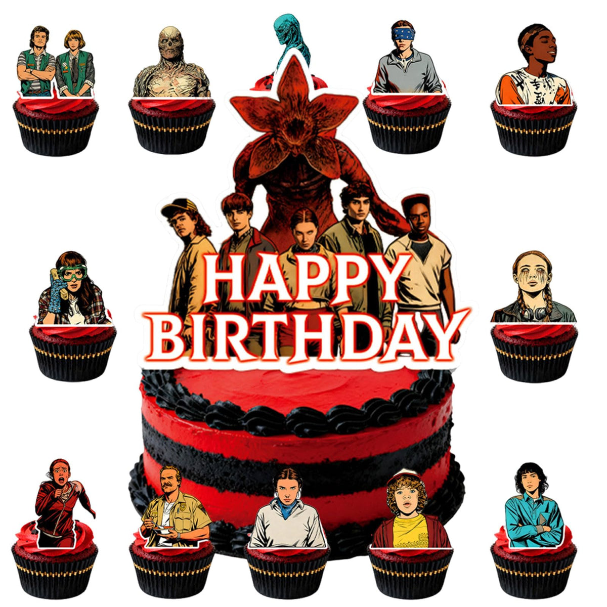 25 Pcs TV Series Character Happy Birthday Cake Toppers, Horror Theme Cake Topper, Includes 1 Happy Birthday Topper and 24 Dessert Decorations.