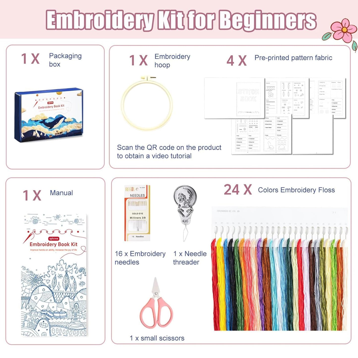 spicssa 2026 Upgraded Embroidery Stitch Book Kit, All in One Sewing Embroidery Kits, Starter Practice Patterns, Complete Tool kit and VideoTutorials, Gifts for Girlfriends, Mothers, and Craft Lovers