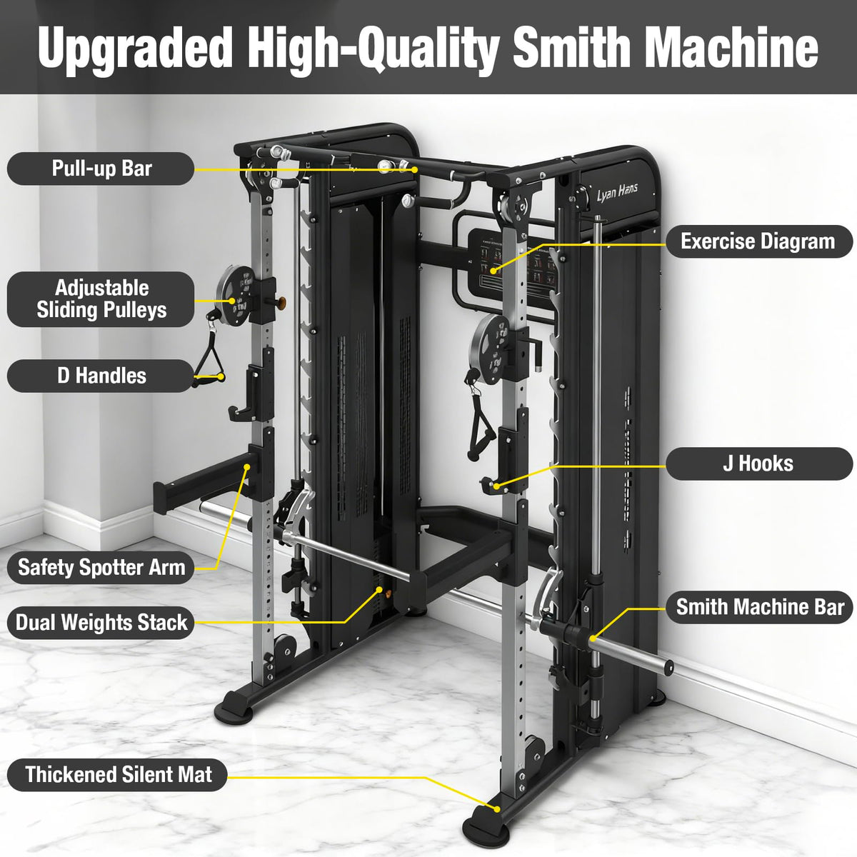 Functional Trainer Smith Machine for Commercial, Multifunctional Cable Crossover Exercise Machine, All in One Home Gym System, Compact Fitness Equipment, Workout Weight Machine for Strength Training