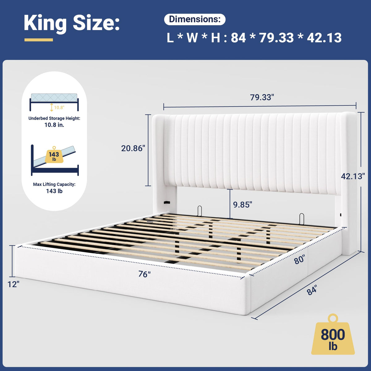 Allewie King Size Lift Up Storage Bed Frame, Hydraulic Support System, Upholstered Platform Bed Frame, Underneath Storage, Vertical Channel Tufted Headboard with Wingback, No Box Spring Needed, White