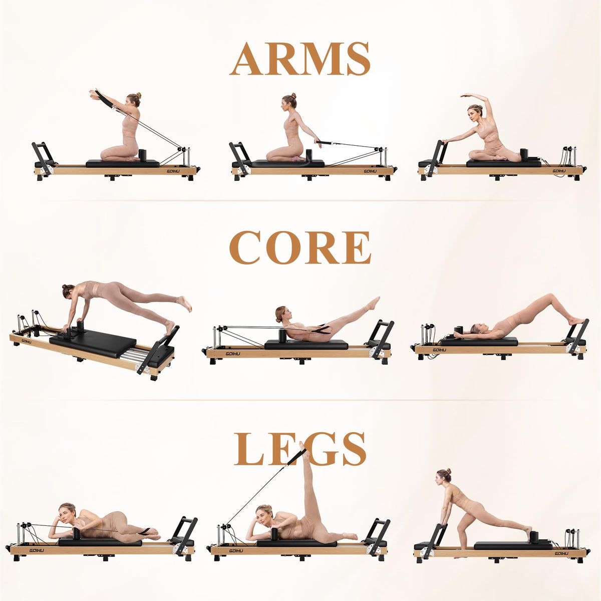 GOIMU Pilates Reformer, 91" Wooden Pilates Reformer Machine with Springs, Foldable Pilates Machine for Studio and Home, Oak Pilates Equipment with Jump Board