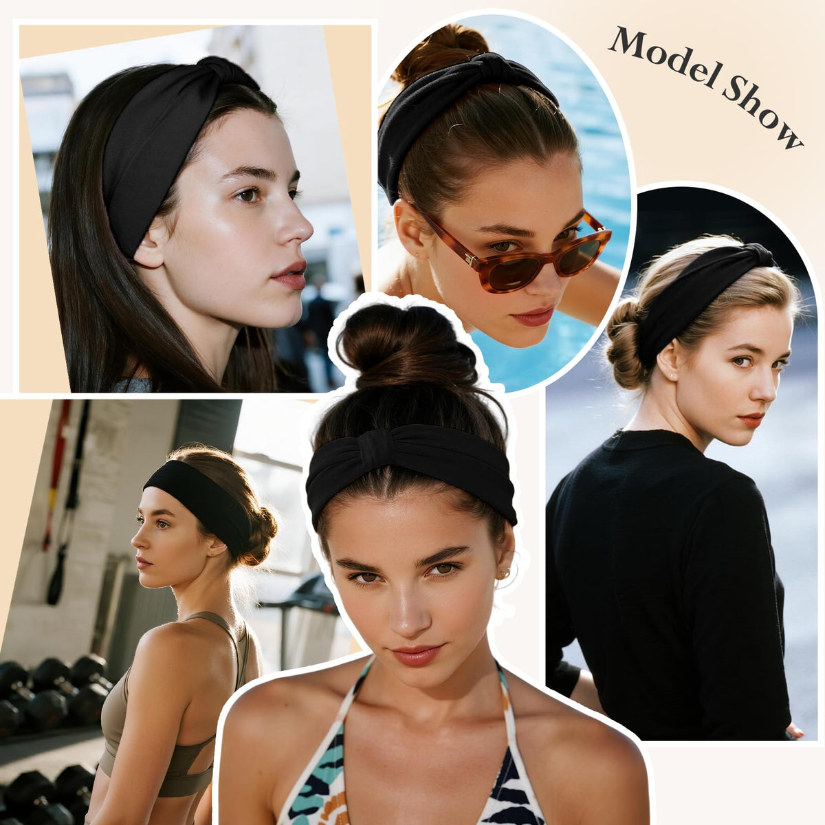 HSEM Headbands for Women, Wide Elastic Head Bands, Non-Slip Thick Hair Bands, Sports Stretchy Sweat Bands, Large Knotted Soft Headband for Washing Face, Makeup, Workout, Spa, Fashion, 6-Pack Black