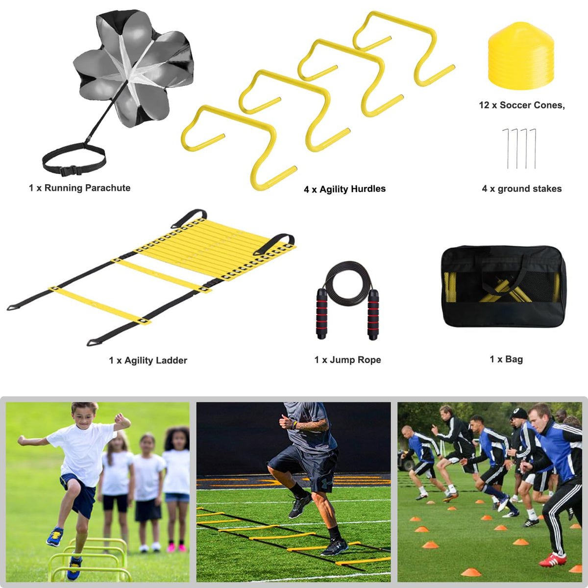 ENDIESS Agility Ladder Set 20ft, 4 Hurdles, 12 Soccer Cones, Jump Rope & Running Parachute - Speed Agility Training Equipment for Soccer Fitness Kids Youth Adults