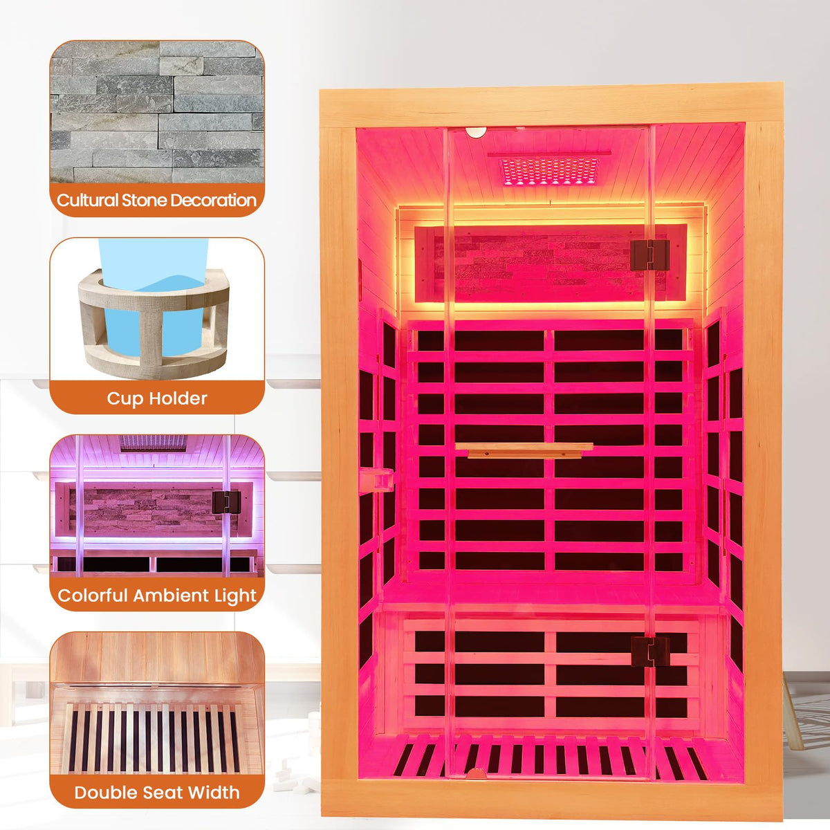 OUTEXER Infrared Sauna 2000W Wooden Saunas Home Spa Room Canadian Hemlock Wood Low-EMF Indoor Saunas with with Red Light Beauty Lamp for Two Person 74.8 * 47.2 * 41.3Inch