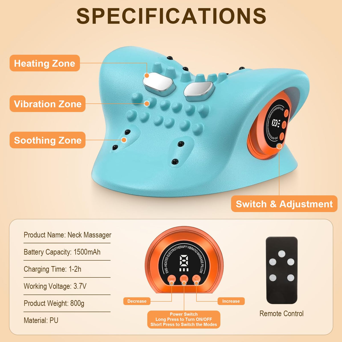 Kalamera Heated Neck Massager Pillow with Vibration Rechargeable Ergonomic Neck Traction Device for Stretching Pain Relief Deep Tissue Portable Cervical Massager for Home Office Travel Relaxation