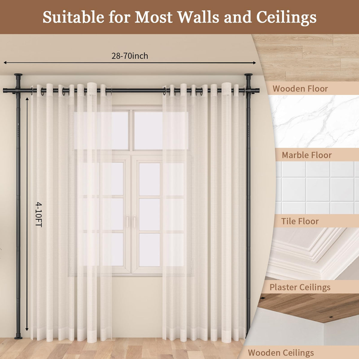 Room Divider Curtain Rod, No Drilling Room Separator for Space Partition Adjustable 4-10ft(H) 28-70inch(W) Heavy Duty Temporary Wall Divider Floor to Ceiling Tension Rod, Black