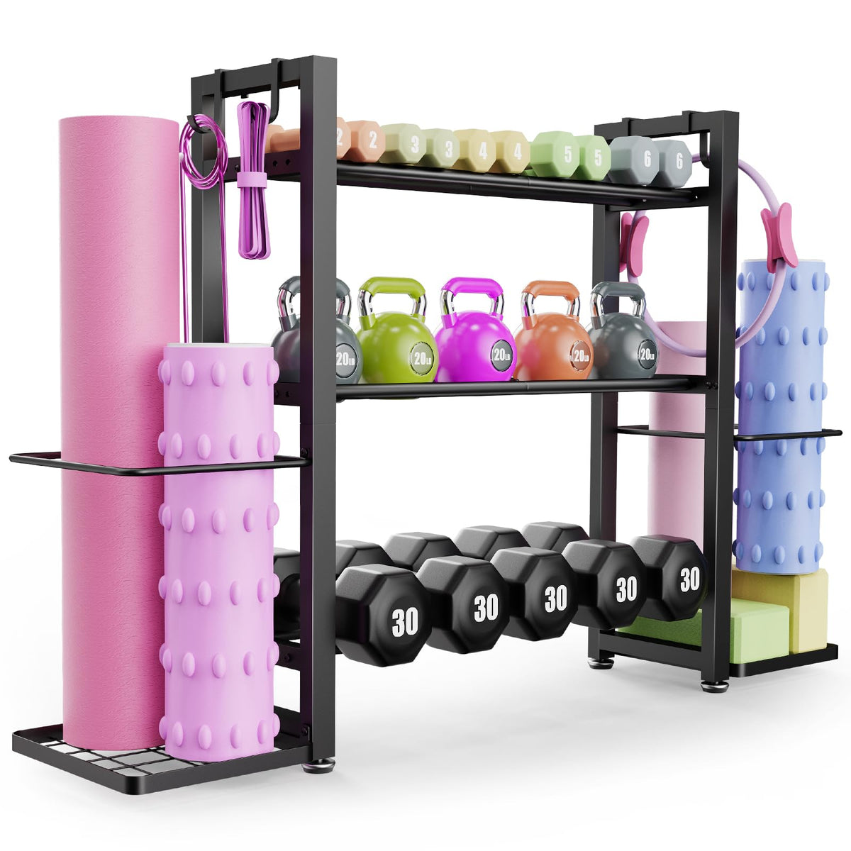 3-Tier Small Adjustable Dumbbell Rack, 450LBS Capacity Home Gym Weight Rack with Yoga Mat Holder & Hooks, Space Saving Workout Equipment Storage Organizer, Tool-free Assembly