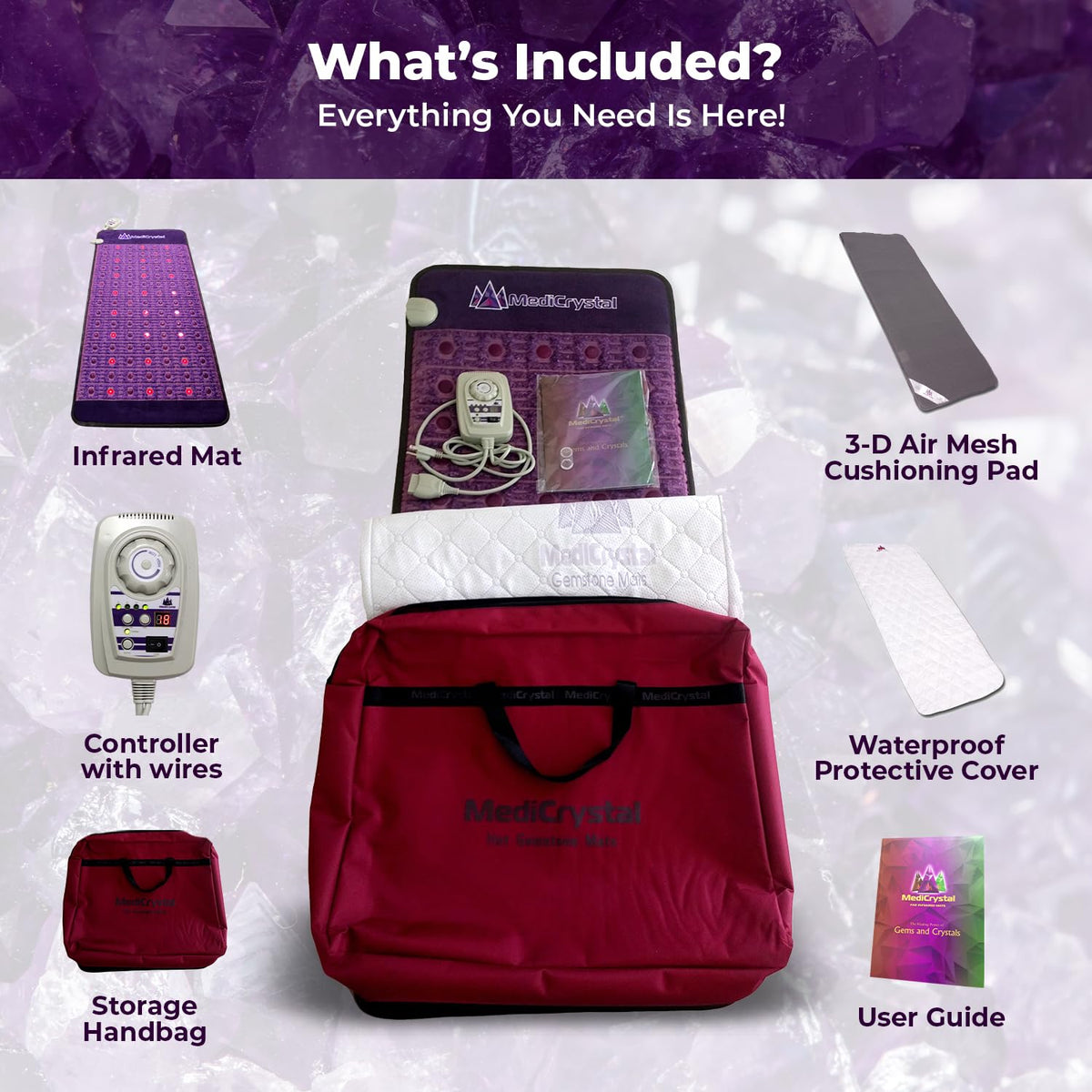 MediCrystal Far Infrared Amethyst Mat - Natural Agates + Photon Red Lights - FDA Registered - Negative Ion - Heating Pad (Mini 32" L x 20”W)