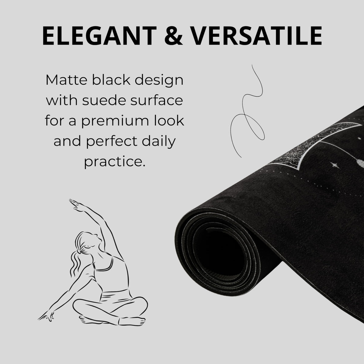 Yoga Mat With Strap 5mm Non Slip Suede & TPE - Moon Black Eco-Friendly Fitness & Exercise Mat for Home Gym, Pilates, Hot Yoga, and Meditation - Lightweight Durable 72 x 24 inch Workout Mat for Women, Men