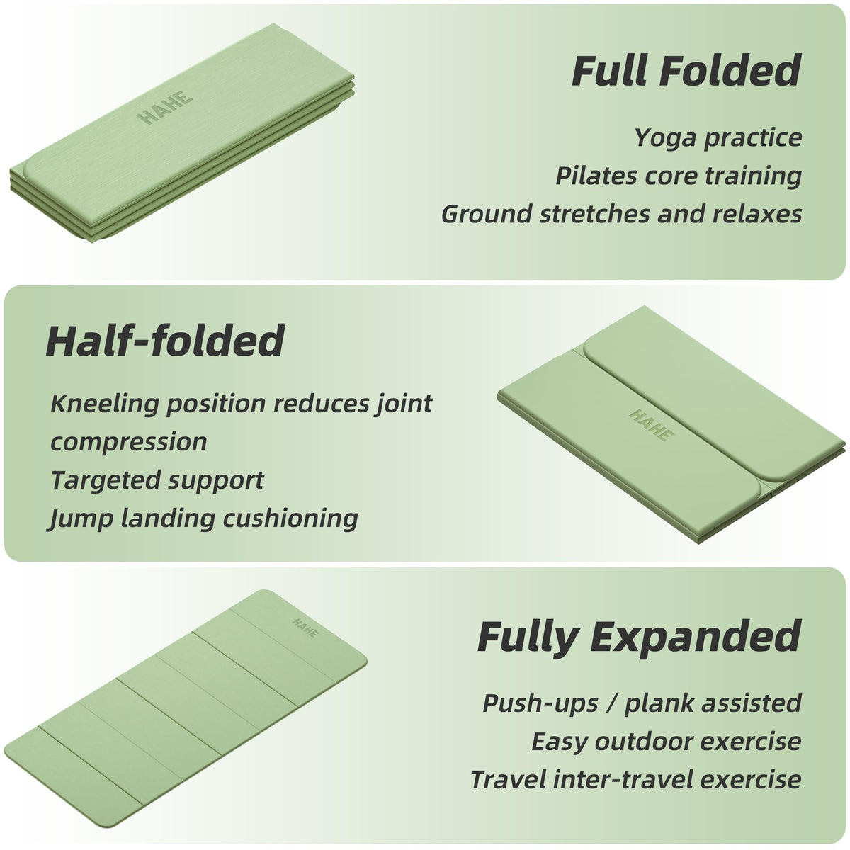 Foldable Yoga Mat,74"Lx32"Wx1/3"Thick,Folding Exercise Mat,Non-slip Wide Pilates Mats for Home Workout/Travel, Portable Yoga Mat Thick for Yoga/Pilates/Camping/Floor Exercises (Green)