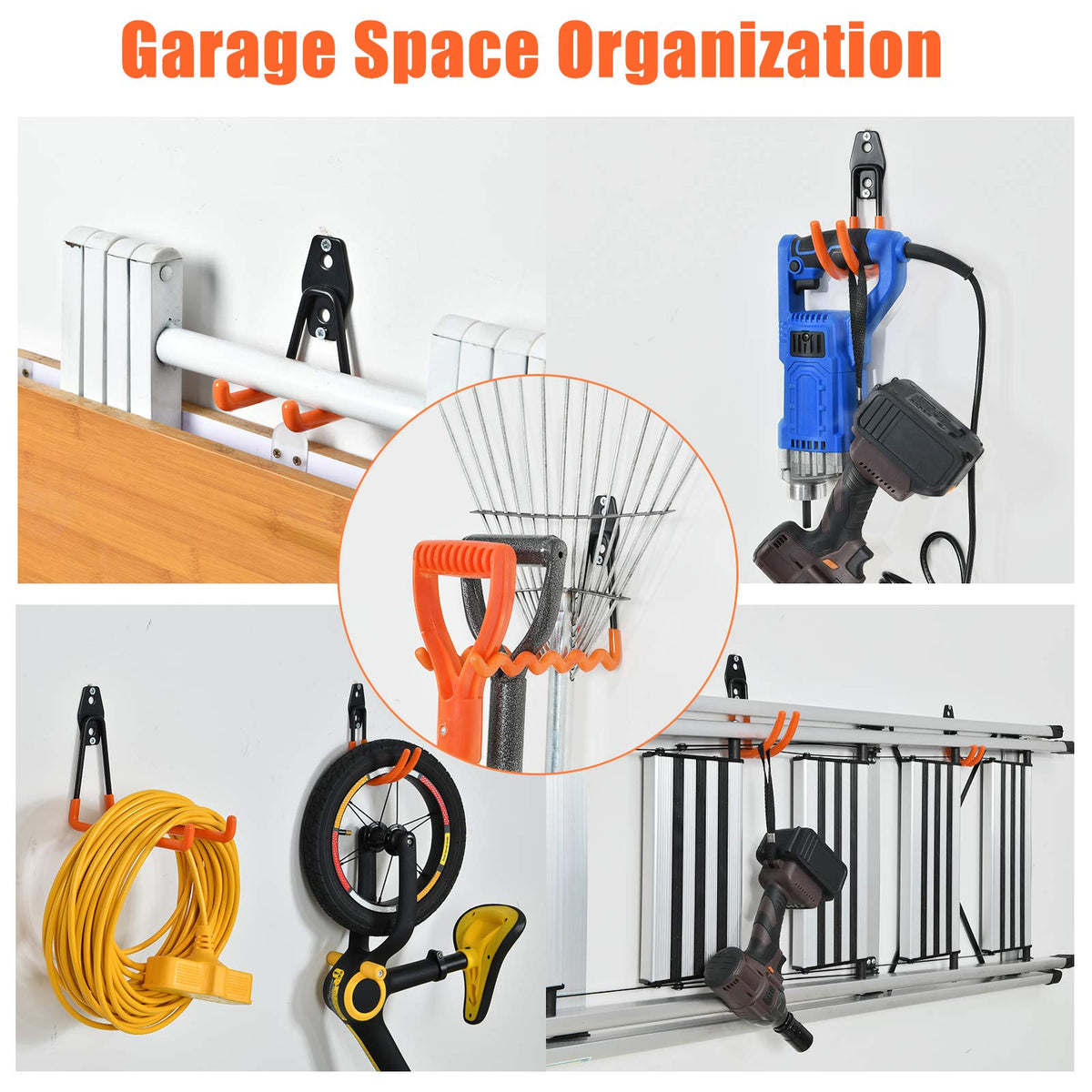 AOBEN 24PCS Garage Hooks, Heavy Duty Double Garage Hanger Organizer Wall Mount Iron Anti-Slip Garage Storage Hooks for Ladder, Power Tool,Bike,Ropes（23 Hooks & 1 hoder Strap-Orange