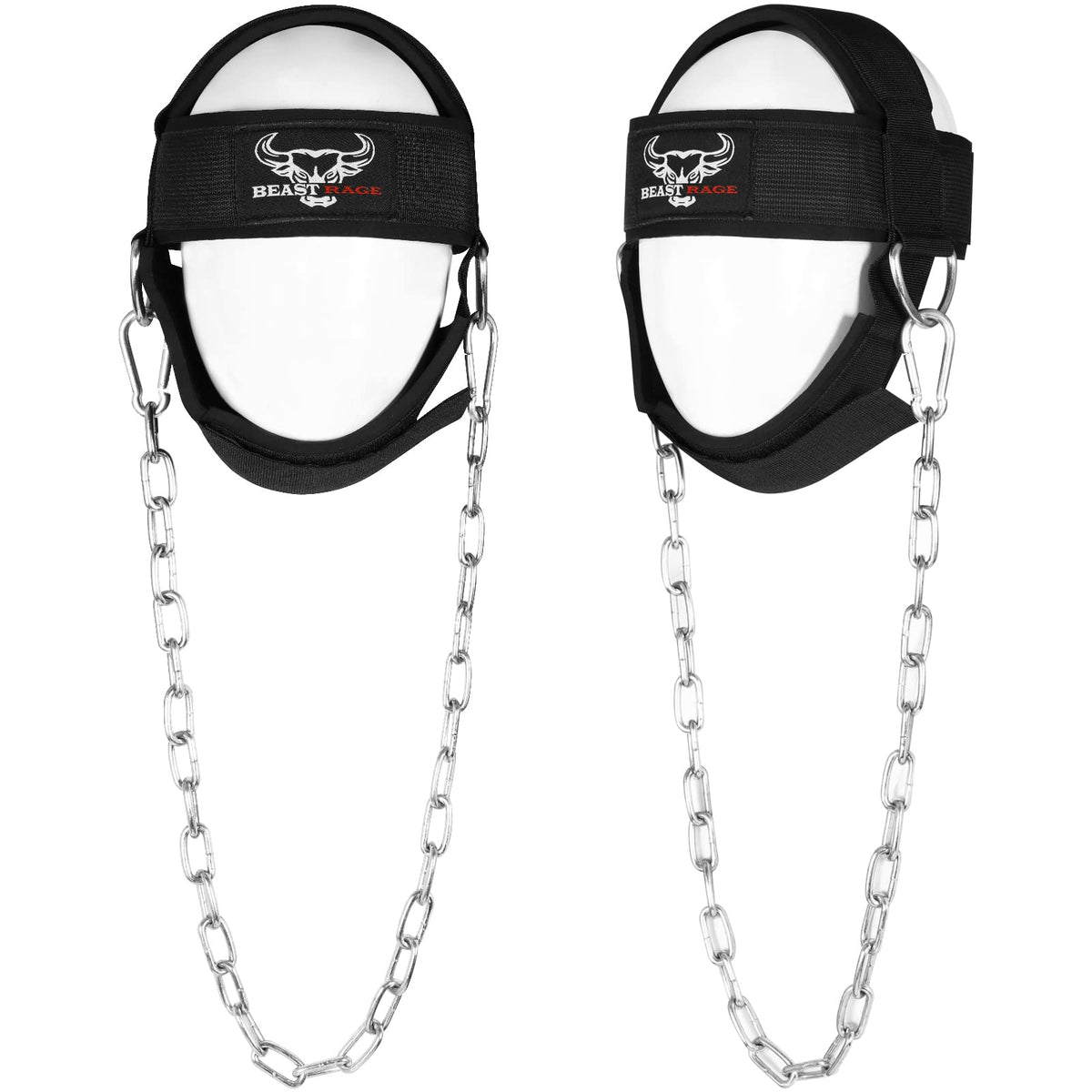BEAST RAGE Neck Harness for Men, Long Steel Chain 30 inches Weightlifting Head Trainer Adjustable Strap Workout Muscle Strengthener Gym Training Ladies Chin Weight Training Padded Support (Black)