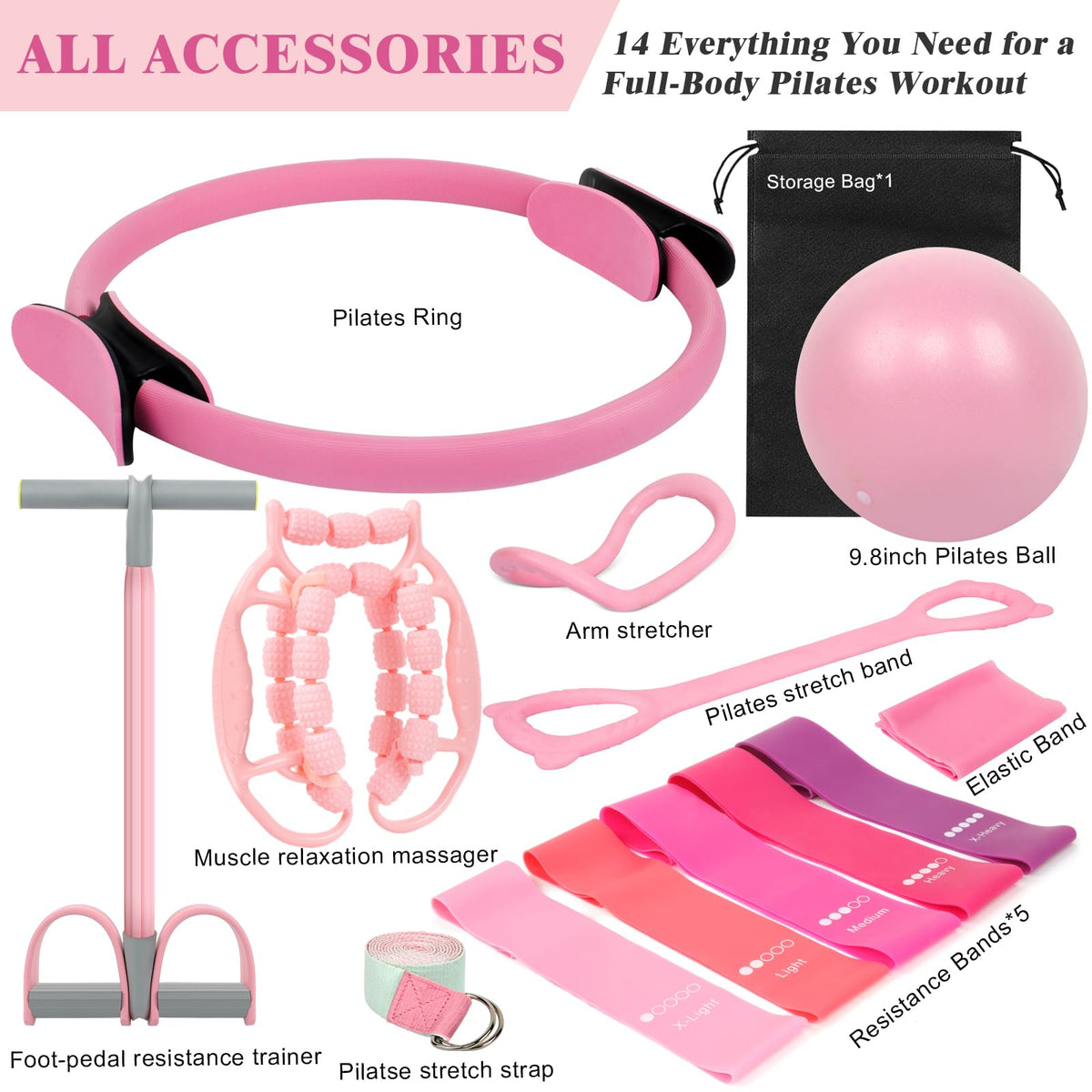 WYDHven Home Pilates Essentials Kit for Women – Complete 14-in-1 Pilates Equipment Ring and Ball Set with 5 TPE Resistance Bands, 8-Shaped Pull Band, Stretch Strap and Waterproof Bag