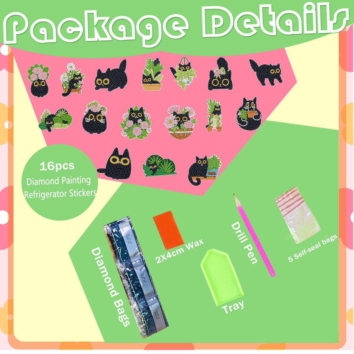 Gamteldot 16Pcs Diamond Art Magnets Kits-5D Small Diamond Art Kits for Adults Beginners,DIY Gem Art Painting Kits with Full Tools,Rhinestone Refrigerator Gem Crafts for Decor Gift -Black Cat