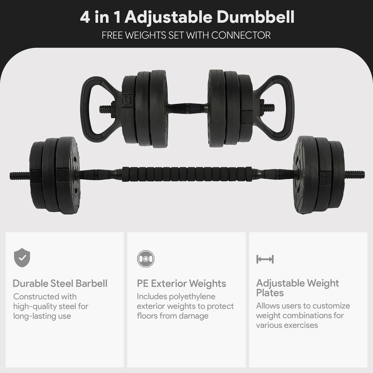 Fitvids Adjustable Dumbbell Set, 60lbs Free Weights Set with Connector, 4 in 1 Changeable Dumbbells and Barbell for Exercise and Fitness, Black/Black