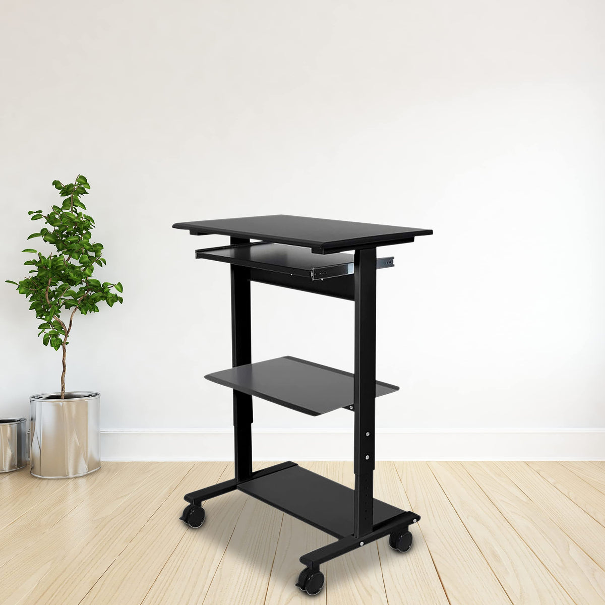 Stand Up Desk Store Mobile Rolling Adjustable Height Standing Workstation with Printer Shelf and Slideout Keyboard Tray (Black Frame/Black Top, 30" Wide)