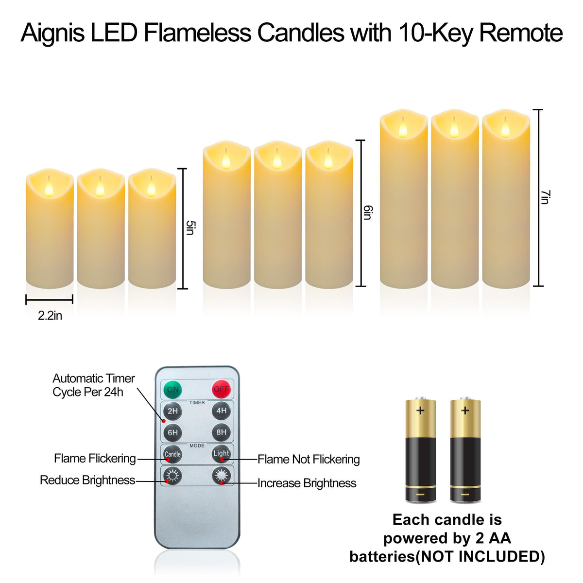 Aignis 9pcs Flameless LED Candles Battery Operated with 10-Key Remote & Timer, Indoor Heat Resistant, 3D Wick with Warm Flickering Glow for Cozy Home/Wedding/Holiday Décor (D 2.2" x H 5"/6"/7")