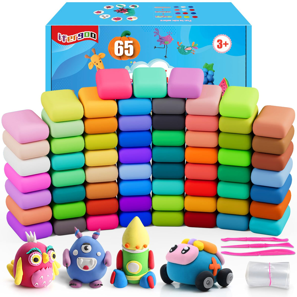 ifergoo Modeling Clay Kits - 65 Colors Air Dry Clay for Kids, DIY Molding Toys with Sculpting Tools, Ultra Light & Soft, DIY Crafts School Classroon Projects, Gifts for Ages 3-12 Boys & Girls Kids