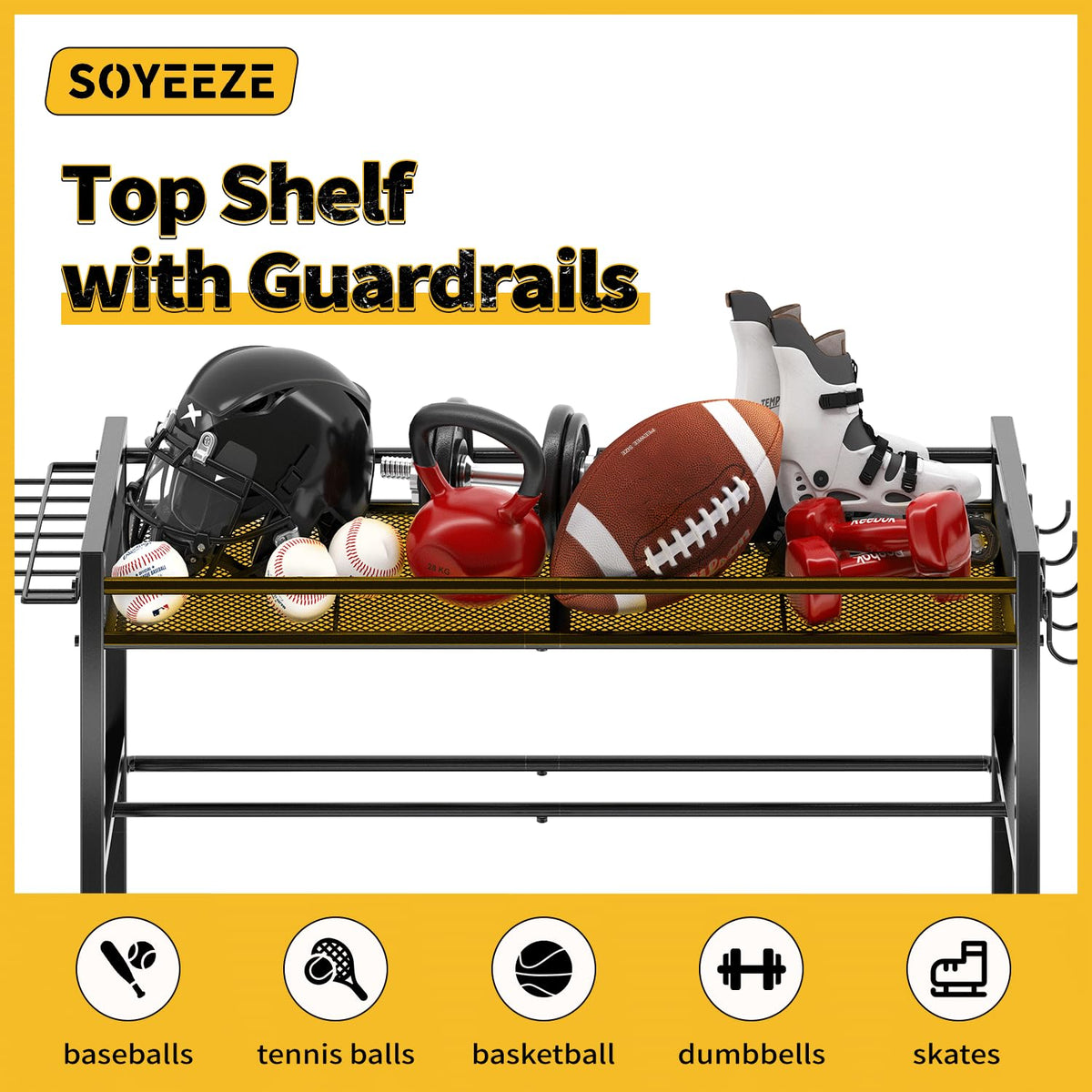 SOYEEZE Sports Equipment Organizer- Ball Storage for Garage,4 Tiers Outdoor Toy Storage,Soccer Racks,Basketball Shooting Training Stand Cart with Wheels and Hooks for Home-School and Gym Use