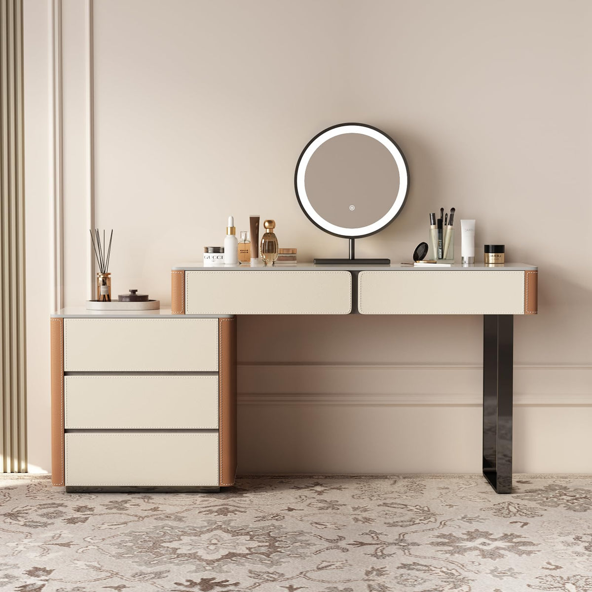 Lartis Faux Leather Makeup Vanity Desk Set with LED Lighted Mirror Luxury Dressing Makeup Table with Storage Drawers & Vanity Stool, Vanities (Brown/Gray)
