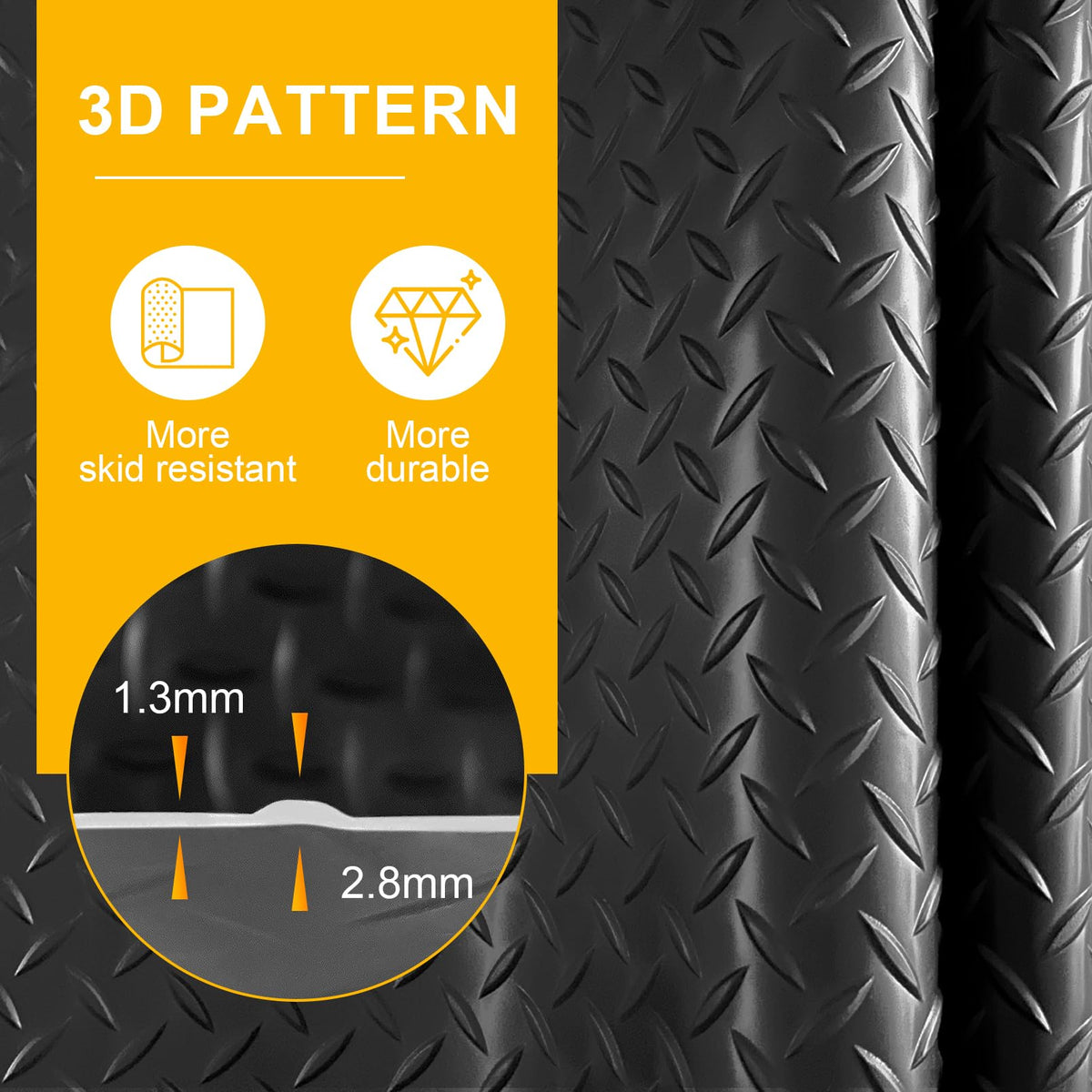 Grandroad auto 8x20 FT Garage Floor Mat, 2.8mm Thickened Flooring Roll for Under Car Diamond Plate PVC Rubber Mat with 20 Pcs Tapes, Non-Slip Floor Mat for Garage, Warehouse, Gyms, Trailer, Black