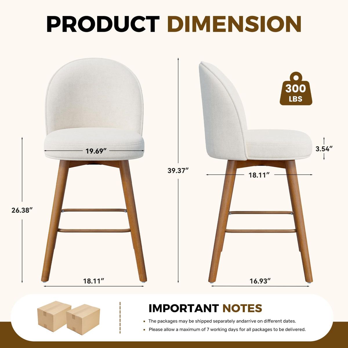 Daluvenix Modern Swivel Bar Stools Set of 3, Chic Upholstered Counter Height（26IN） Bar Chair with Back, Solid Wood Legs and Footrest, Comfortable Chenille Bar Stool for Kitchen Island, Cream White
