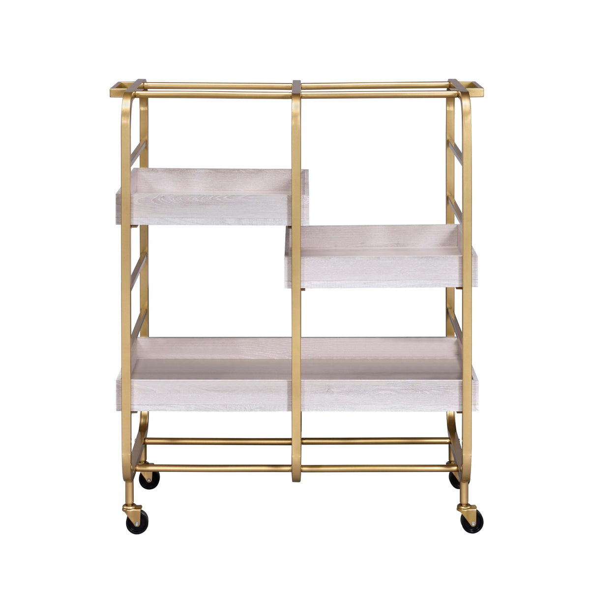 Qwtrvlizi Gold and White Washed Serving Cart with 3 Adjustable Trays