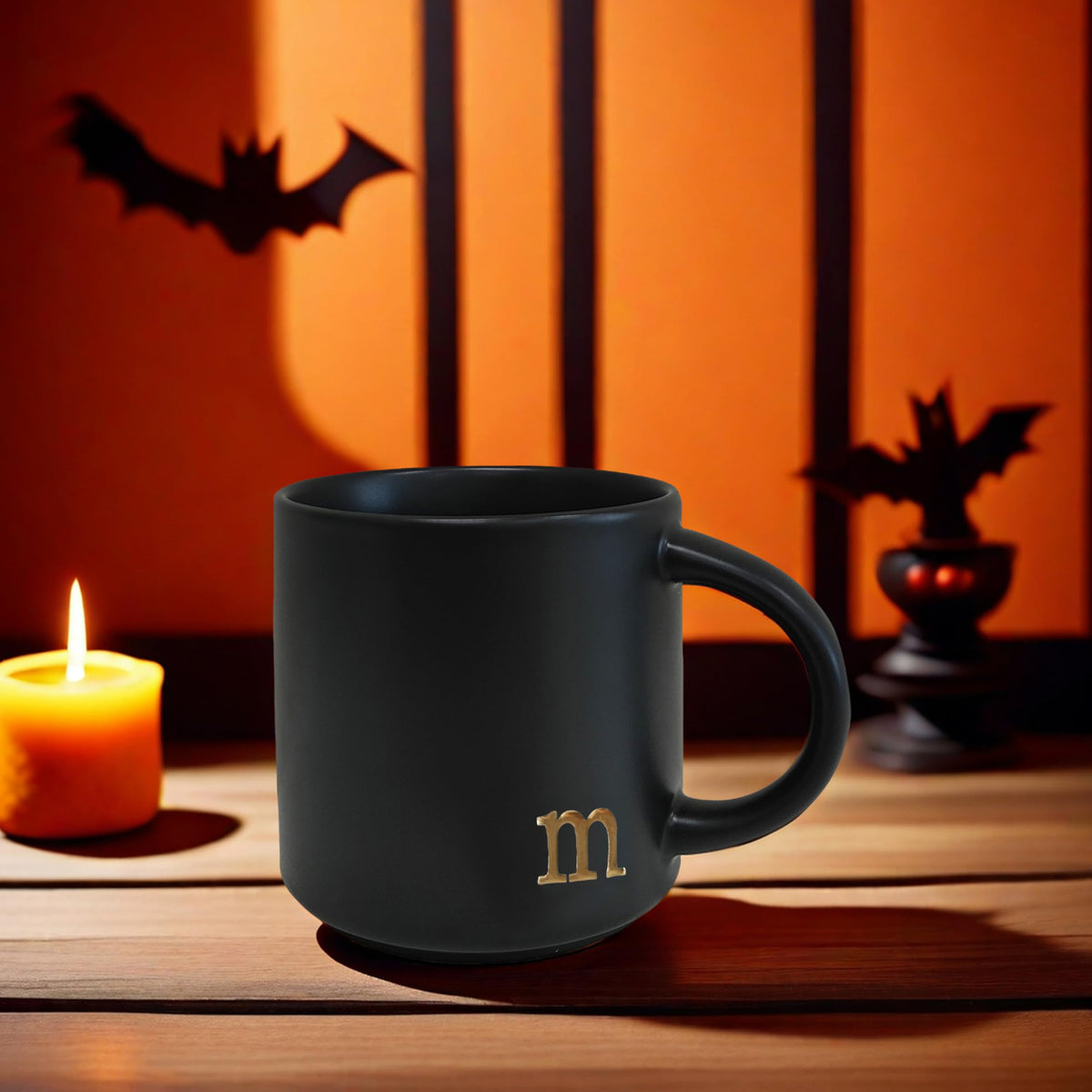 COLLECTIVE HOME - Black Monogram Ceramic Mugs, 15 oz Golden Initial Coffee Cups, Elegant Alphabet Tea Mugs, Personalized Halloween Mug with Gift Box, Perfect for Office and Home Décor (m)