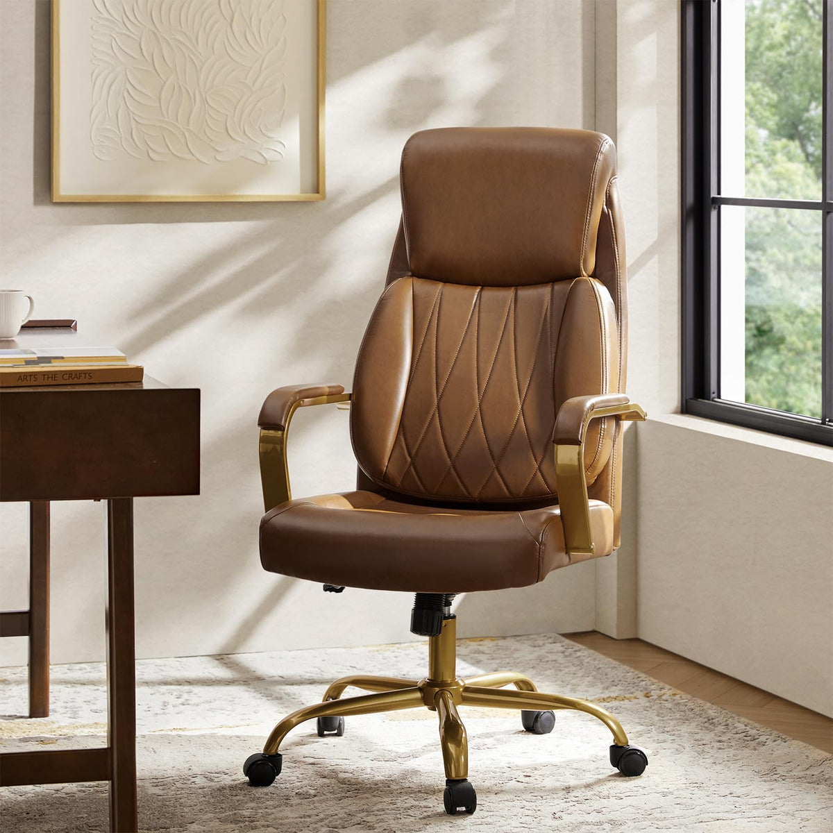 HULALA HOME Executive Office Chair, Adjustable Airbag Lumbar Support, Modern Leather Ergonomic Office Chair with Padded Armrests, Tilting & Swivel, Camel and Gold