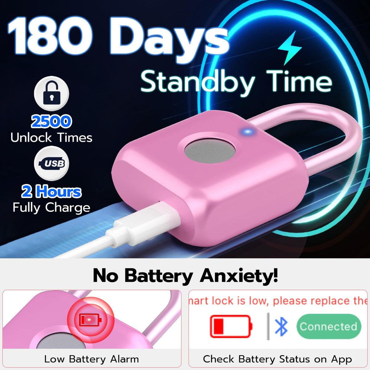 Fingerprint Padlock,Smart Padlock APP Control,Fingerprint Locker Lock,Gym Lock USB Rechargeable for Gym Locker,Locker, School,Storage Pink