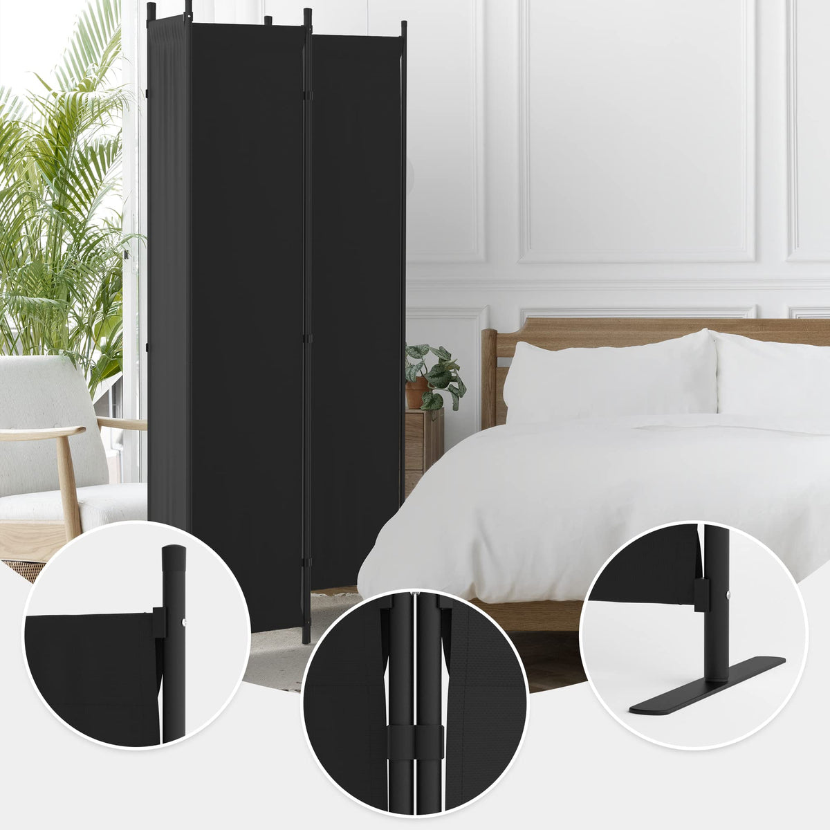 Room Divider, 4 Panel Folding Privacy Screen, 88” Portable Separating with 3 Metal Feet, Partition Room Dividers, Lightweight Freestanding Wall Divider Screen for Office Bedroom Hospital(Black)