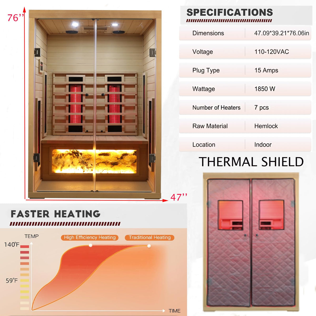 KUNSANA Ceramic Infrared Saunas 2 Person, Infrared Sauna with Red Light Therapy, Far & Near Infrared Sauna Indoor, Low EMF Infrared Sauna for Home, Deluxe Glass Home Sauna with Granite Backdrop
