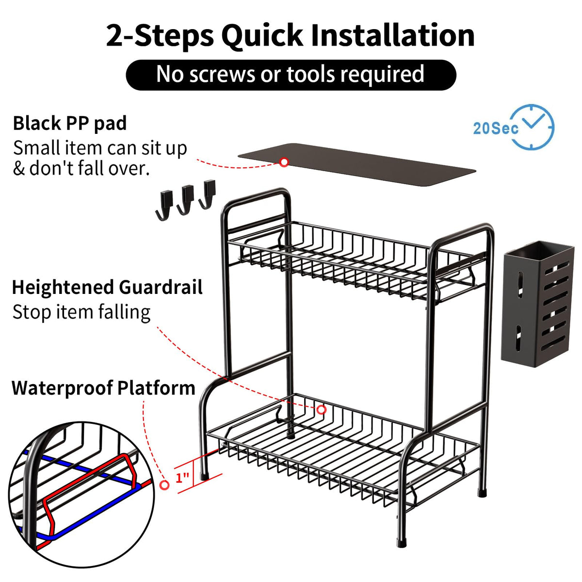 Bathroom Countertop Organizer With Toiletries Basket, 2 Tier Bathroom Counter Storage Rack with Adjustable Feetpad, No-Screw Caddy Stand for Vanity, Sturdy Metal Wire Black, Medium 12.8''L x 7.2''W