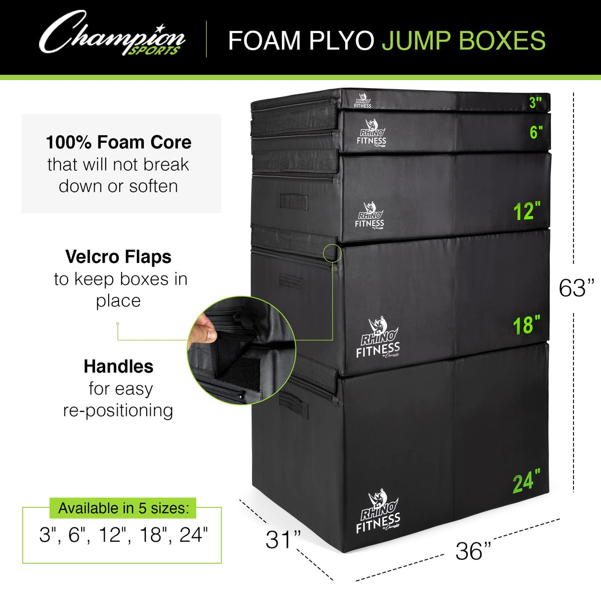 Champion Sports Foam Plyometric Box, 6 inch, Black - Durable Jump Boxes for Training with Handles, Hook and Loop Flaps - Stackable Plyo Box Jumps for Gym - Premium Cross Training Equipment