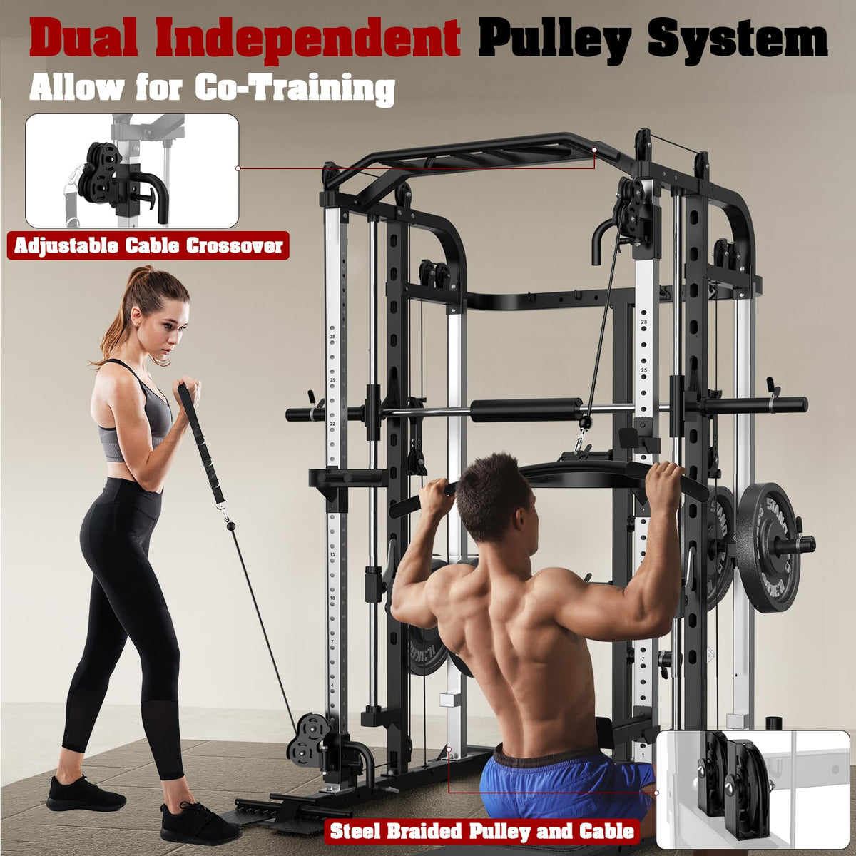 Royal Fitness Smith Machine, Multifunctional Power Cage Rack with Smith Bar and Cable Pulley System, and LAT Pull Down Machine for Home Gym…