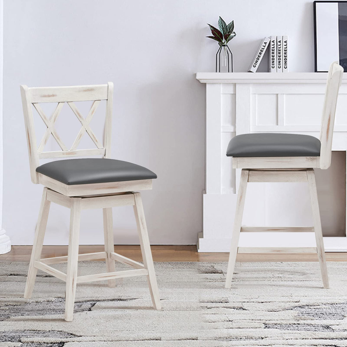 COSTWAY Bar Stool Set of 4, 360 ° Swivel Counter Height 25inch Bar Stool with Foot Rest Upholstered Cushion & Ergonomic Backrest, Sturdy Frame, for Pub, Kitchen Islands (4, Antique White + Grey)