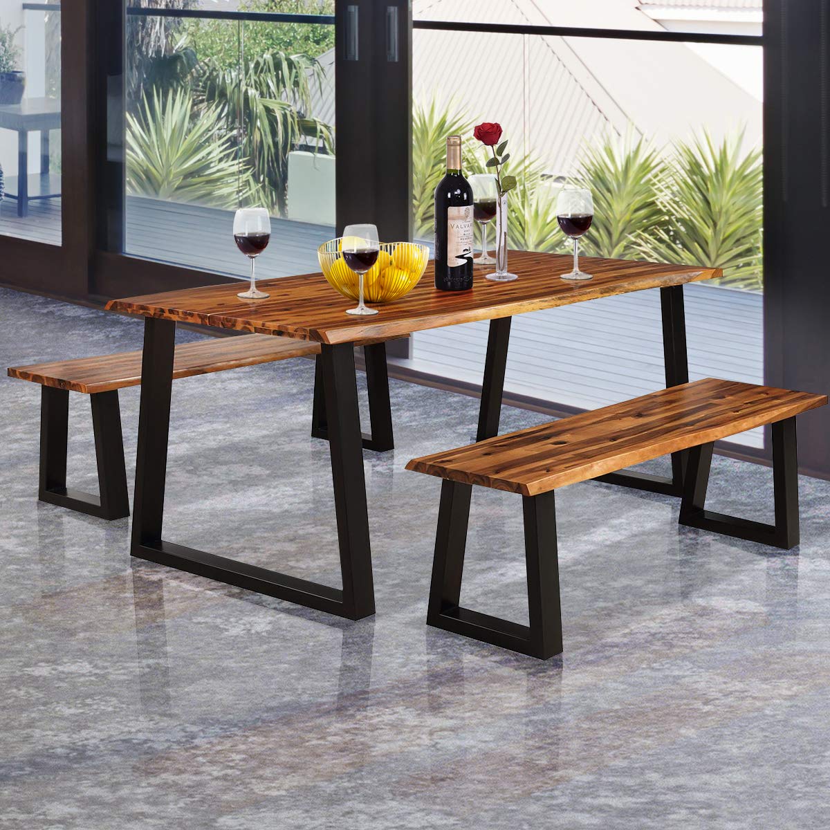 Giantex 3PCS Wooden Dining Set Bench Chair Rustic Indoor &Outdoor Furniture (Rustic Brown&Black)