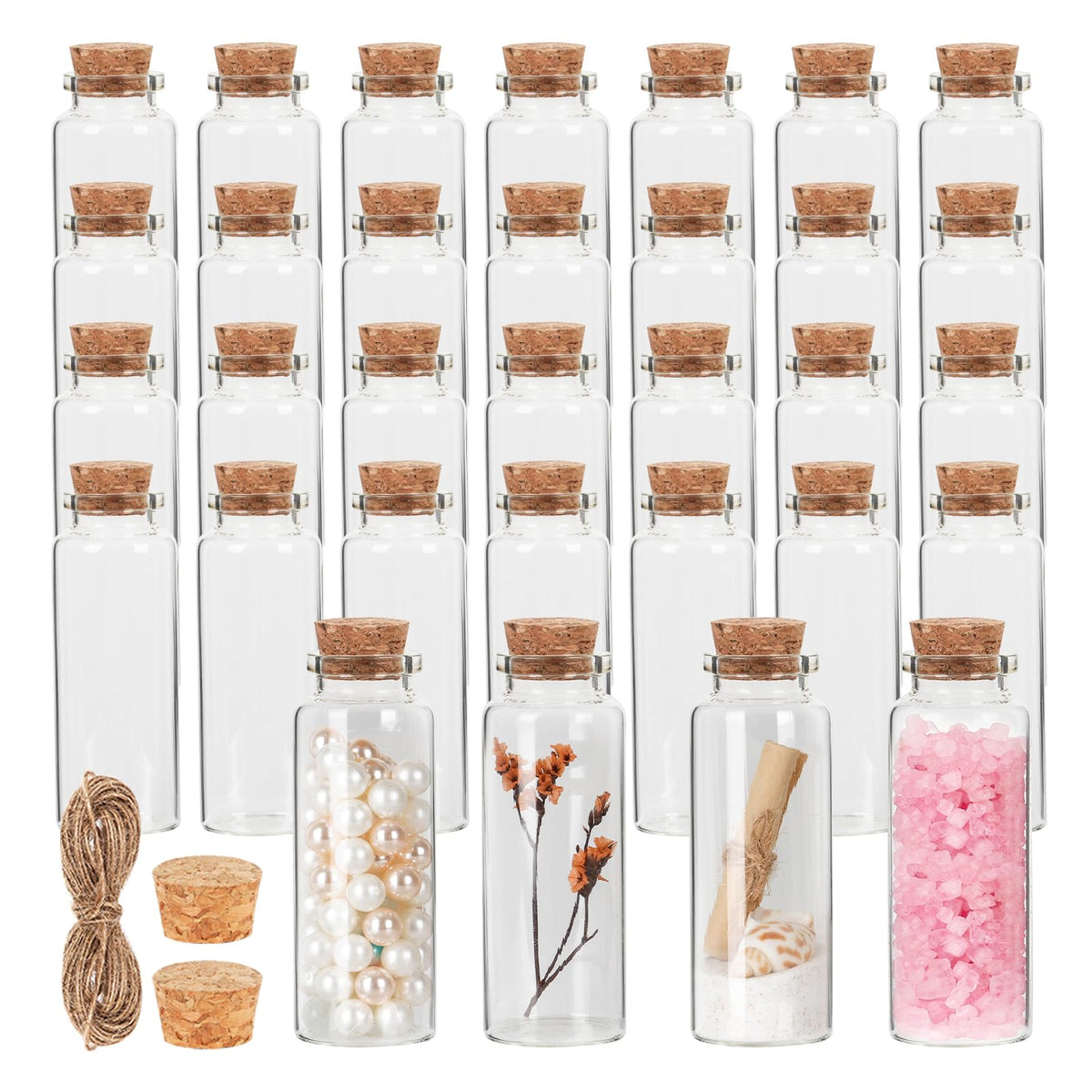 40 ml Small Glass Bottles with Cork, 32 Pack Mini Bottles with Twine & EXTRA Cork Stoppers, Small Vials with Lids, Tiny Glass Bottle, Mini Potion Bottle for Theme Party, Sand