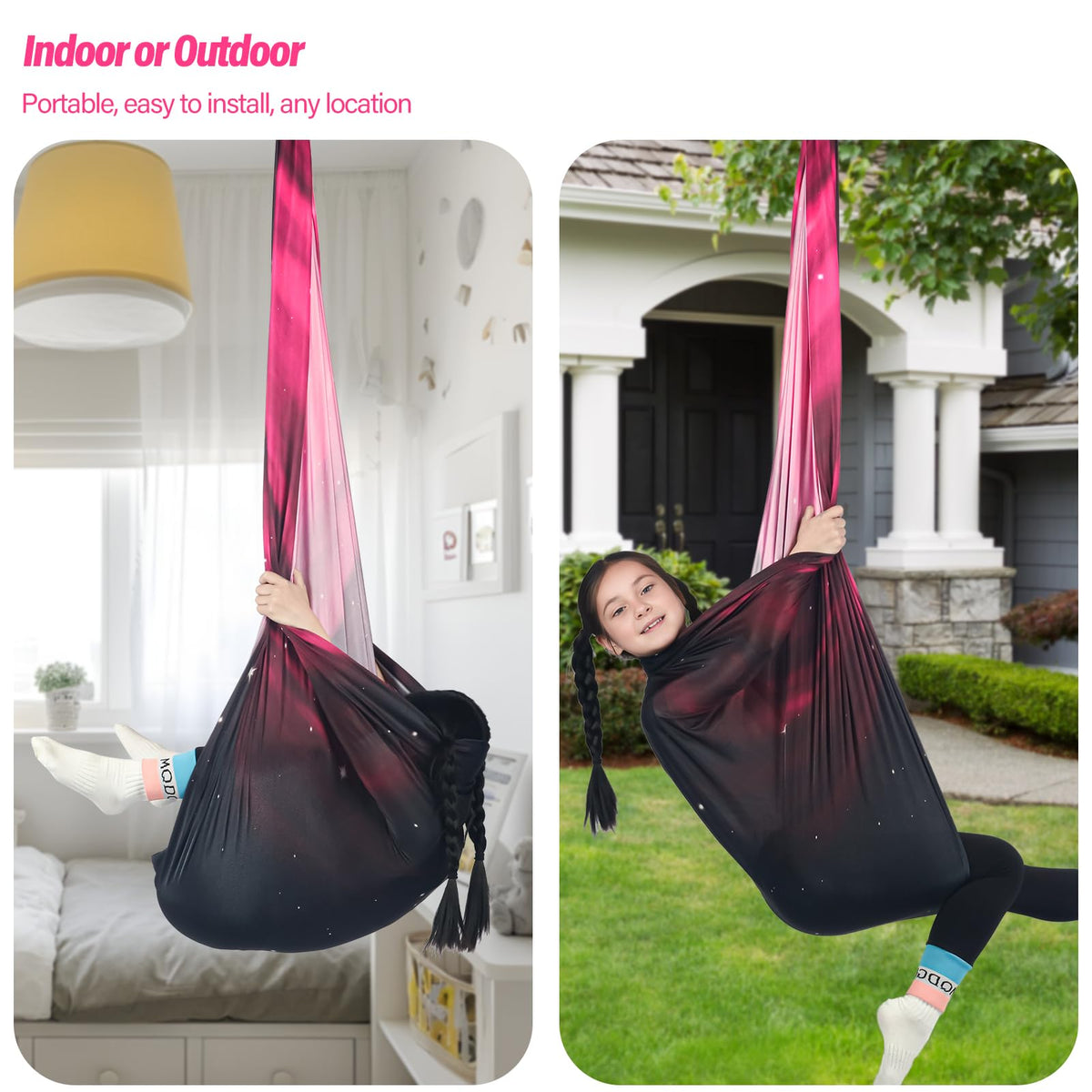 HiChrote Sensory Swing for Kids Holds up to 300lbs Indoor & Outdoor Therapy Cuddle Swing with Hammock Hooks Hanger Kit for Calming, Effect for Autism, ADHD or SPD. (Space Pink)