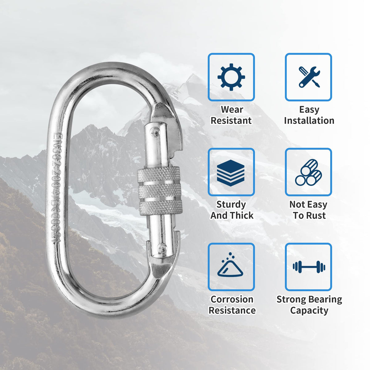 EMEKIAN 4 Pack Oval Indoor Outdoor Climbing Carabiner, Screw Locking Heavy Duty Safety Caribeener Clips, 25 KN (5600 LBS) for Hammock, Rope, Hiking, Camping