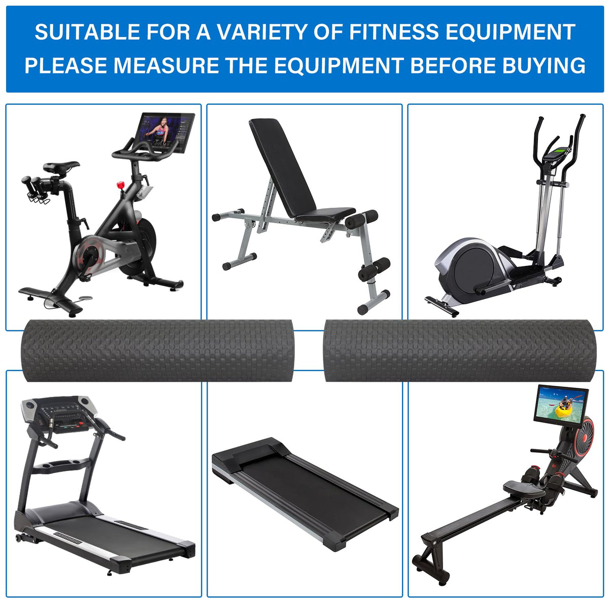 2PCS Fitness Equipment Mats and Floor Protector, Non-Slip Mat Rowing, Rowing Machine Bike Mat for Carpet & Hardwood Floors, Exercise Bike Mats (Two Pieces:36 * 12 inch)