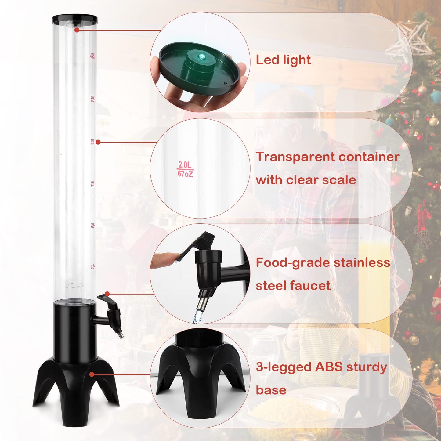 Beer Giraffe Dispenser, 100oz/3.2 qt Mimosa Tower Dispensers with Ice Tube and LED Light, 3L Tabletop Drink Tower Dispenser for Beer, Margarita, Liquor, Beverage