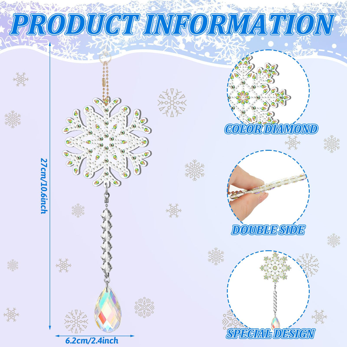 Geetery 8 Pcs Winter Diamond Art Painting Wind Chime Snowflake Diamond Art Suncatcher Kits Double Sided Art Kits with Crystal Pendant Hanging Ornament for Adults Home Decor