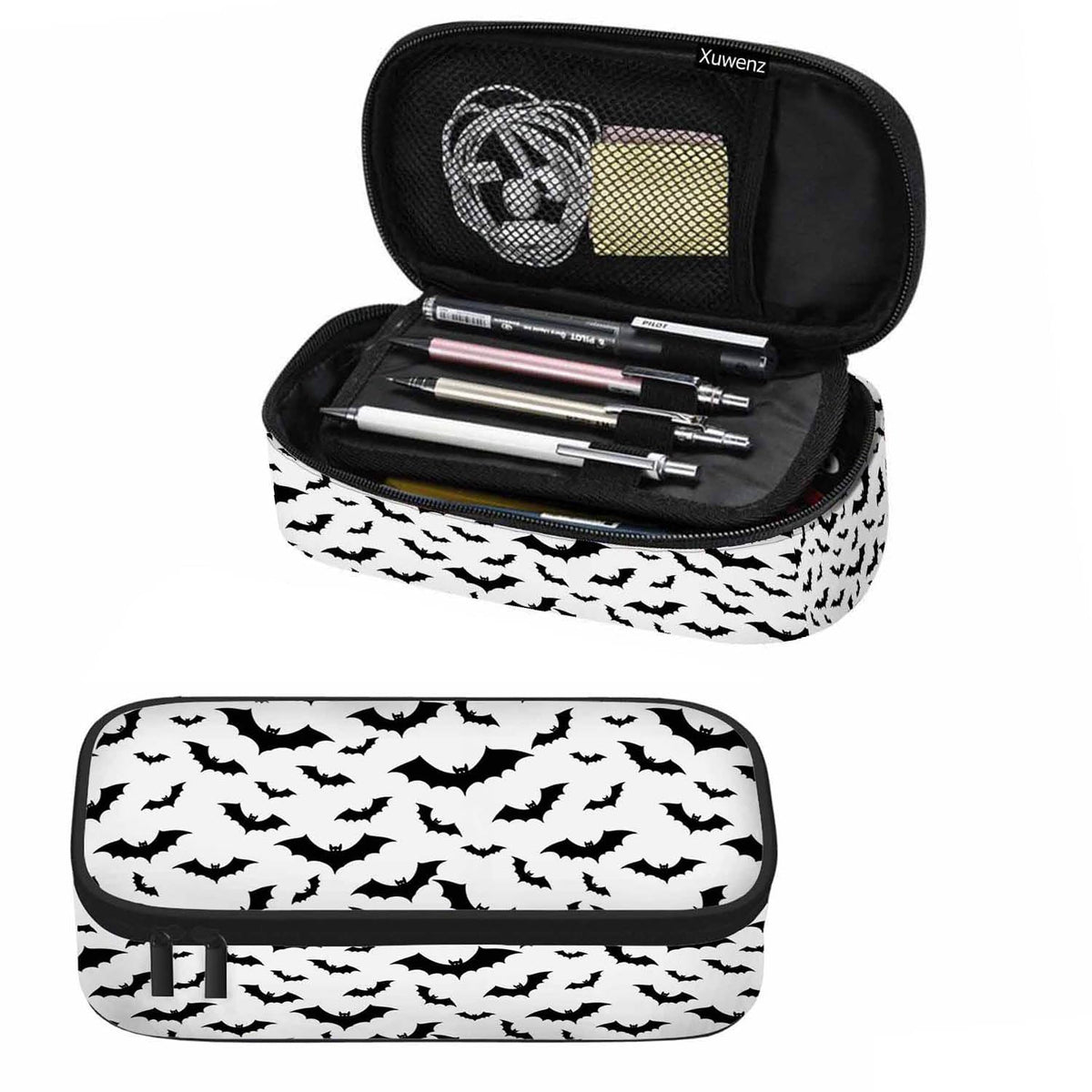 Xuwenz Black White Bats Pencil Case Halloween Bat Large Large Capacity Pen Pouch for School Student Office Adult Girl Boy