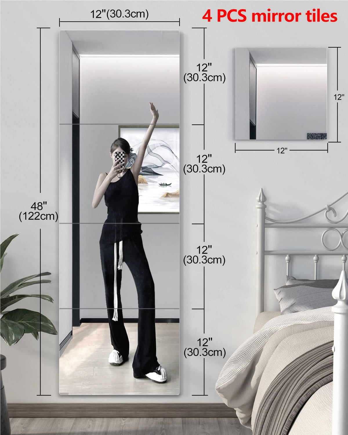 Shatterproof Wall Mirror Full Length for Bedroom, Acrylic Gym Mirrors For Home, Extra Thick: 0.12 inch, 12 x 12 inch x 4 Pcs, Workout Mirrors Safe for Kids, Over The Door, Long Wall Mounted