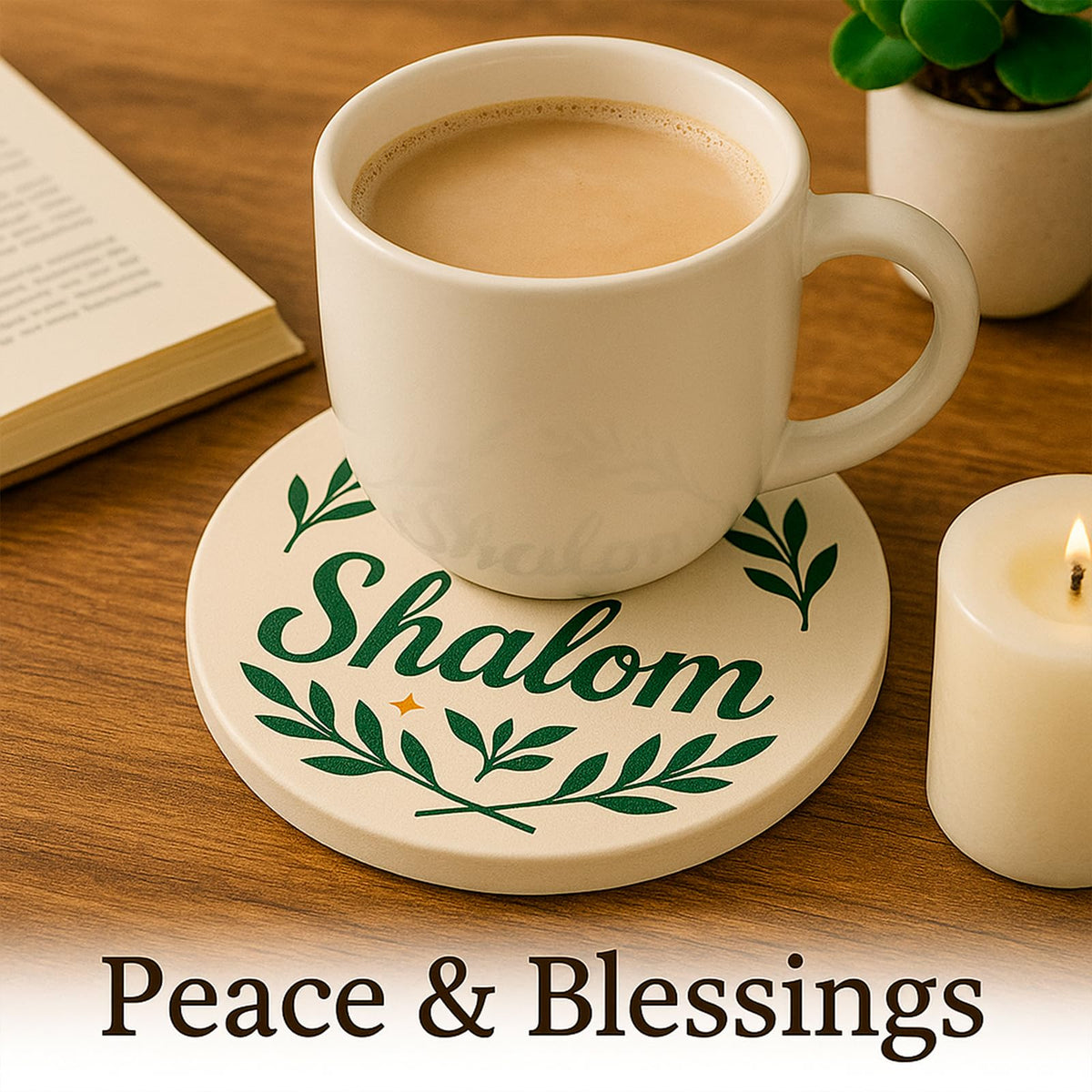 Shalom Coasters Set of 4 Ceramic Drink Coasters with Olive Branch Peace Design Absorbent Stone Coasters with Cork Base Christian & Jewish Gifts Religious Table Decor for Home Holidays