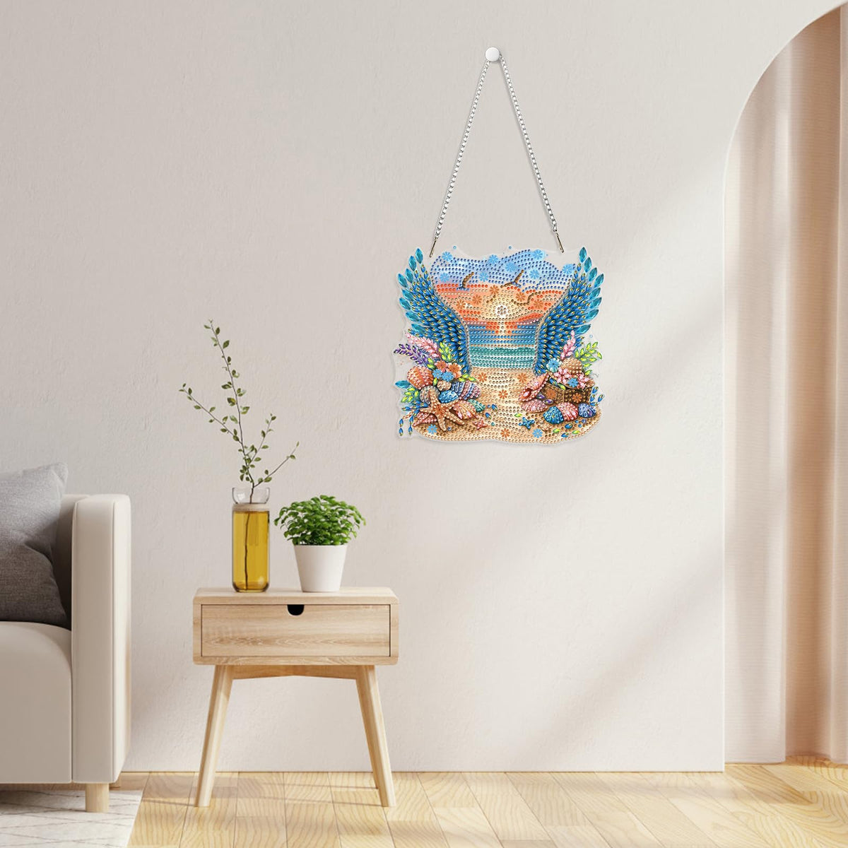 GHHKUD Summer Beach Diamond Art Hanging Kits for Adults, DIY Double Sided Diamond Arts Painting Hanging Wing, Special Shaped Acrylic Ornaments Pendants for Window Home Garden Wall