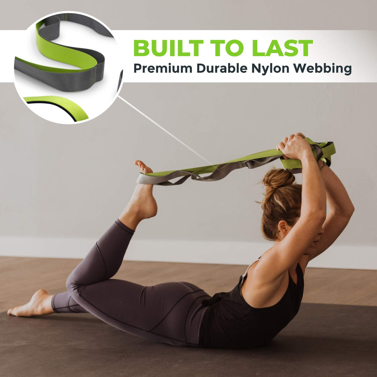 Gradient Fitness Stretching Strap for Physical Therapy, 12 Multi-Loop Stretch Strap 1.5" W x 8' L, Neoprene Handles, Physical Therapy Equipment, Yoga Straps for Stretching, Leg Stretcher, (Green/Grey)
