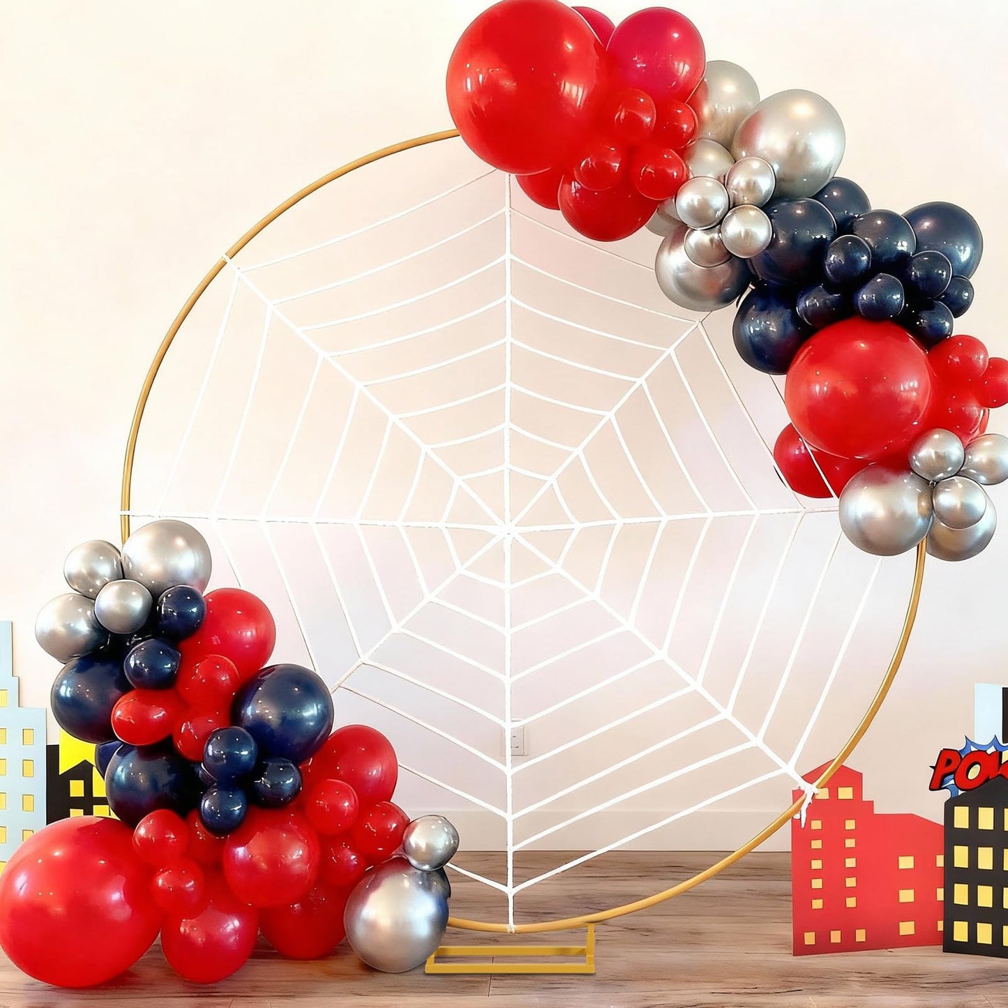 Kathfly Spider Theme Party Decorations, 7.2ft Metal Round Arch 8.2 ft Large Fake Spider Web Indoor Outdoor Cobweb for DIY Balloon Arch Kit Backdrop Haunted House Birthday Party Photo Prop Supplies